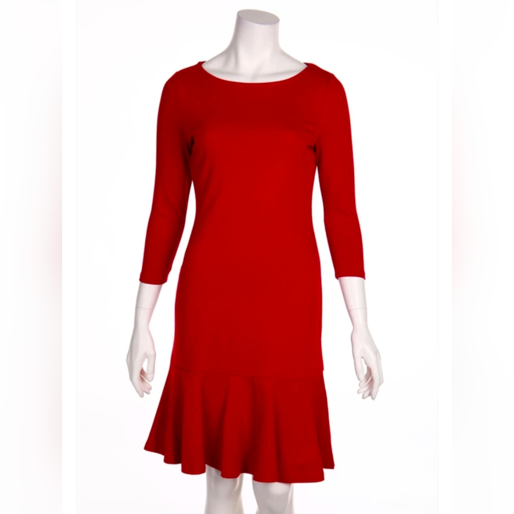 Siren Red 3/4 Sleeve Petite Dress With Ruffled Hem #162